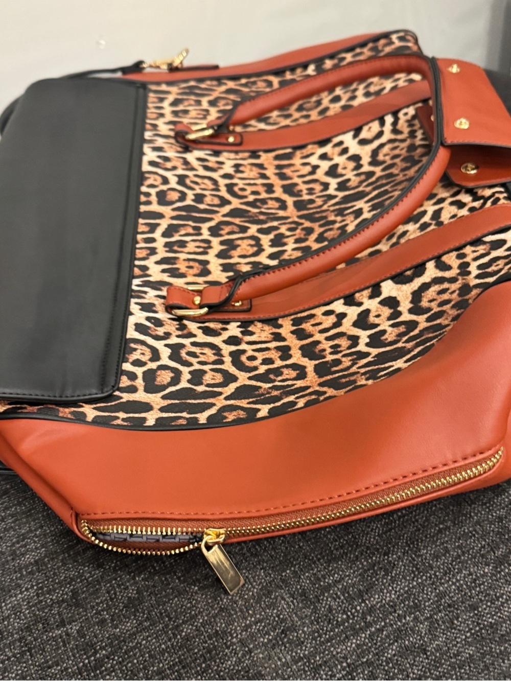 Badgley Mischka Leopard Print Leather Satchel Black Brown Accents weekender bag - Picture 12 of 15